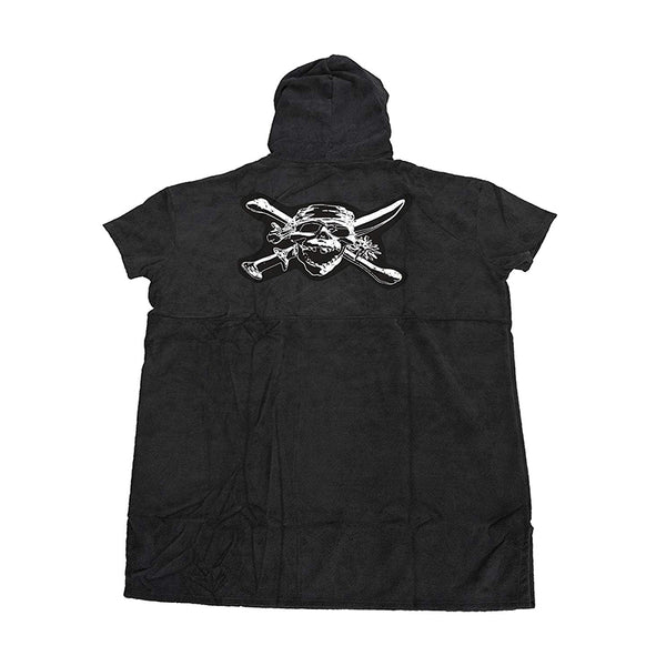 Naish Skull Poncho, a warm, quick-dry towel poncho with a graphic, used for privacy and insulation while changing after watersports.
