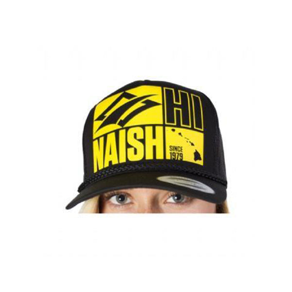 Naish black trucker hat, a breathable, mesh-back cap used for sun shade and casual style during surf and SUP sessions.