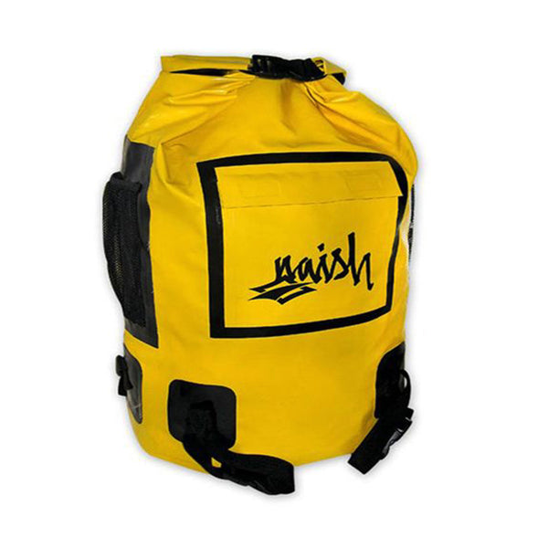 Naish dry bag, a waterproof roll-top bag used for securely protecting sensitive gear, phones, and clothes from water exposure.