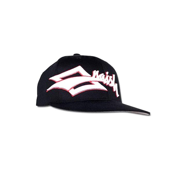 Naish black flat cap, a clean, structured baseball cap with a flat brim, worn for a casual watersport lifestyle aesthetic.