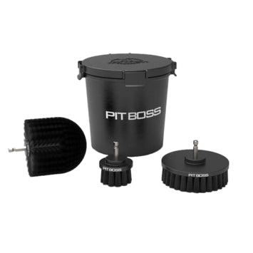 Pit Boss Grill Cleaning Kit, 5-Piece Drill Brush Set with 3 Nylon Heads, Extension Pole and Storage Bucket