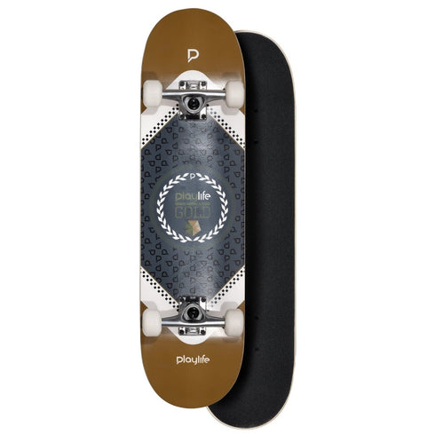 Playlife Heavy Metal Gold Skateboard, 31 x 8 Inch Birch Complete with Cast Aluminium Trucks and ABEC 9 Bearings