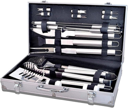 Procamp 18-piece stainless steel BBQ tool set, shown organized inside a storage case.