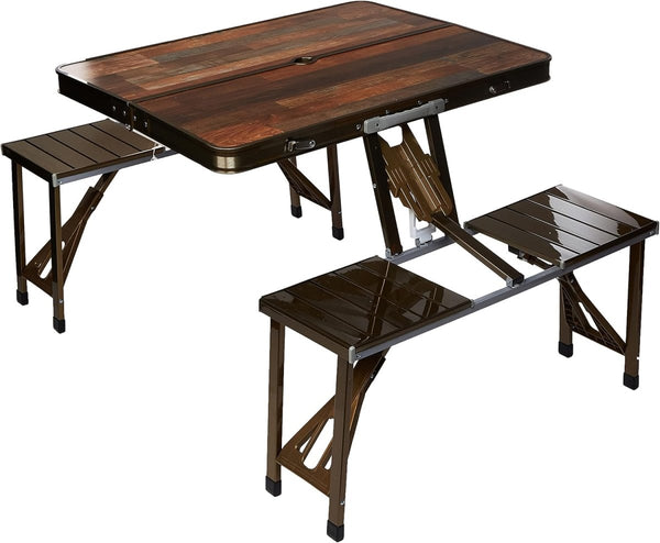 Procamp foldable aluminum picnic table set, shown folded into a briefcase and set up with attached bench seats.