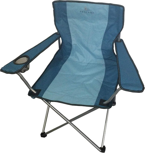 Procamp standard folding camping chair, a quad-fold chair with a cup holder and fabric seat.