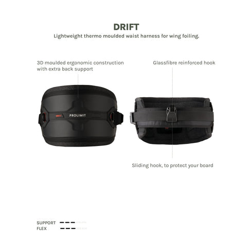 Prolimit Drift Wingsurf Waist Harness, Lightweight Thermoformed Harness with Sliding Hook for Wing Foiling