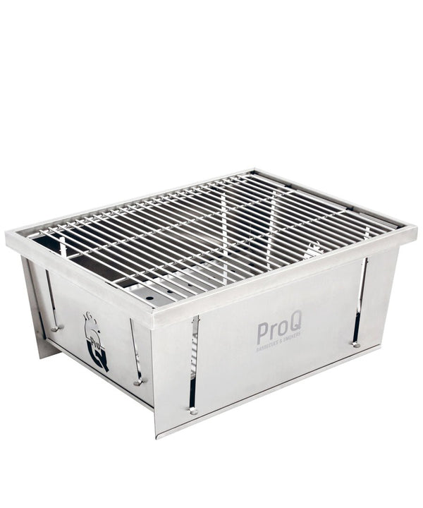 ProQ FlatDog Foldable Portable BBQ Grill, a compact and lightweight steel grill for on-the-go outdoor cooking.