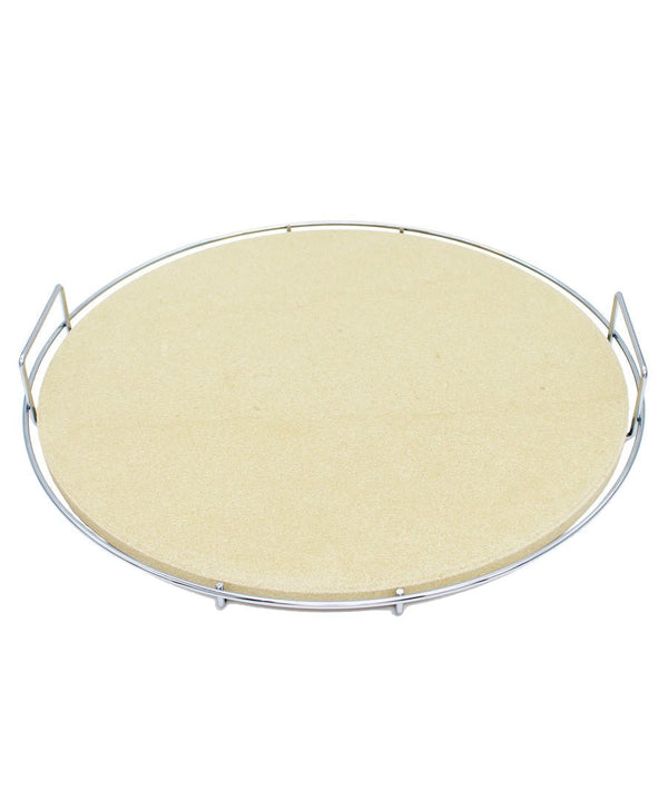 ProQ Pizza Stone Set with Stainless Steel Carry Rack, perfect for baking homemade pizzas on a barbecue grill.