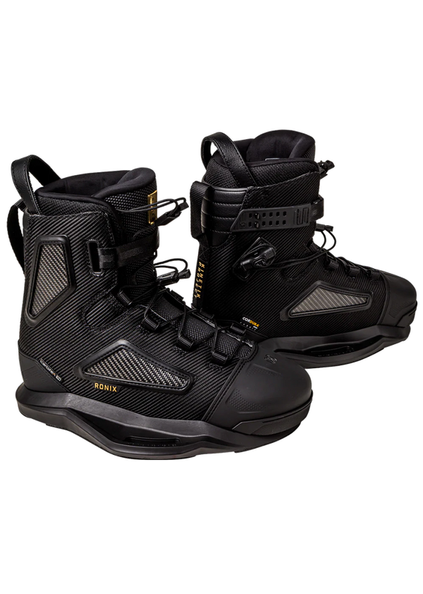 Ronix Kinetik Project EXP Intuition Wakeboard Bindings (2024) in black and gold, high-end wakeboarding boots.