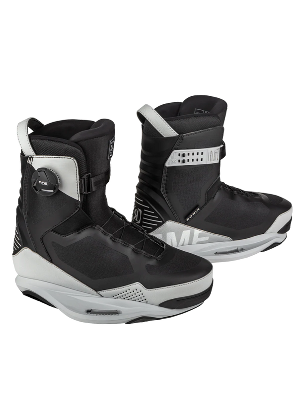 Ronix Supreme BOA Wakeboard Bindings with Intuition liner, featuring a quick adjustment BOA closure system in dove grey and black.