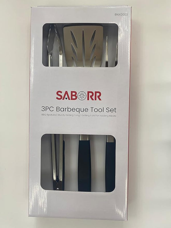 Saborr 3-Piece Barbecue Tool Set, stainless steel essential grilling tools including tongs, spatula, and fork.