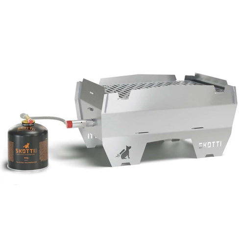 SKOTTI Portable Gas BBQ, Flat Pack Stainless Steel Camping Grill for Gas Cartridge, Charcoal or Wood