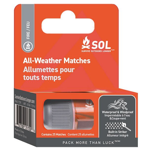 SOL All-Weather Matches, a pack of 25 waterproof and windproof matches for fire starting in any condition.