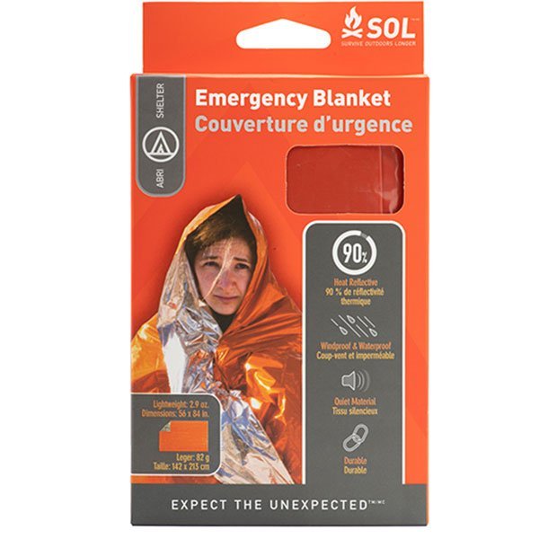 SOL Emergency Blanket, a classic foil space blanket providing maximum heat retention for survival situations.