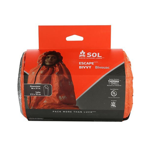 SOL Escape Bivvy with Hood, an orange thermal reflective emergency sleeping bag providing warmth and moisture control.