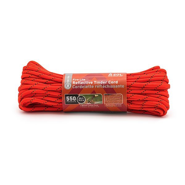 SOL Fire Lite 550 Reflective Tinder Cord (50 ft), paracord with an inner strand that acts as fire-starting tinder.