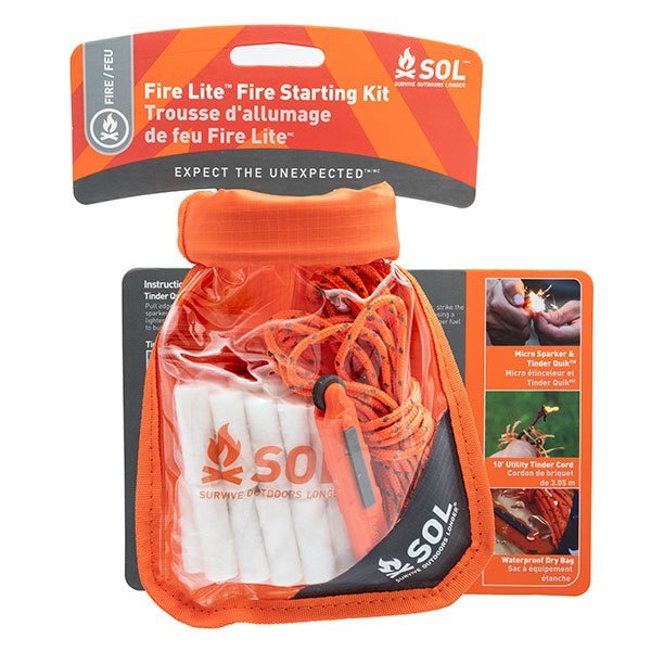 SOL Fire Lite Kit in Dry Bag, a survival fire starter kit including tinder and ferro rod, stored in a waterproof dry bag.
