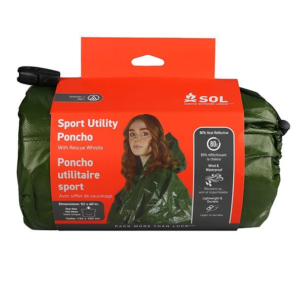 SOL Sport Utility Poncho, a bright orange, reusable, lightweight rain poncho for outdoor activity and survival.