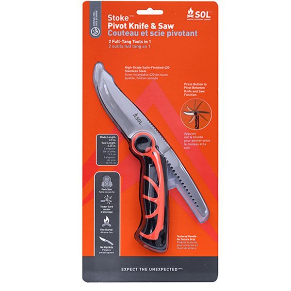 SOL Stoke Pivot Knife Saw, a compact multi-tool featuring both a knife blade and a folding saw for trail and camp use.