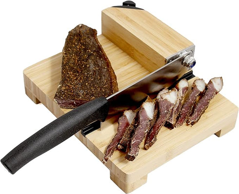 Tekut Biltong Slicer with Bamboo Base and Sharpener - Precision Meat Slicing Tool