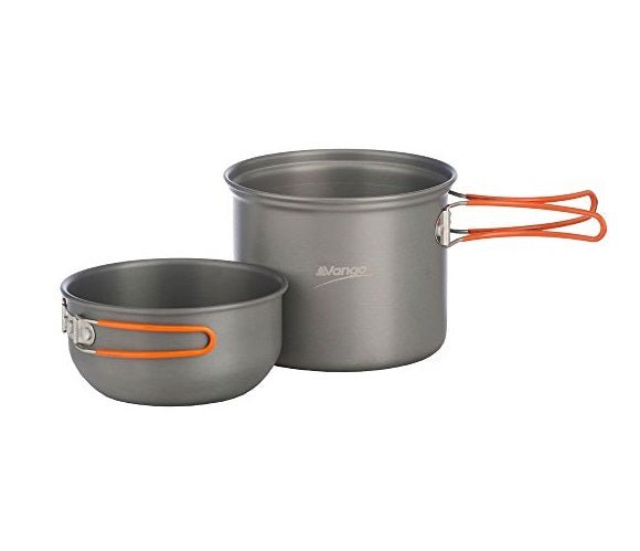 Vango 1-Person Anodised Cook Kit, a compact cooking solution with a folding handle for solo travel and backpacking.