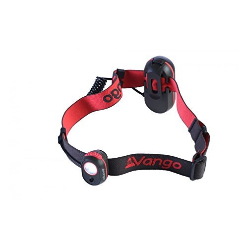 Vango Flux Head Torch, a red headlamp providing night-friendly illumination for outdoor activities and camping.