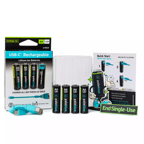 Paleblue Voyager USB-C Rechargeable Batteries, AA 4-pack, pack contents