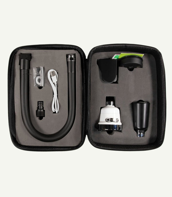 WaterPort Sink and Shower Suction Kit, portable components for setting up an outdoor sink and shower using a water tank.