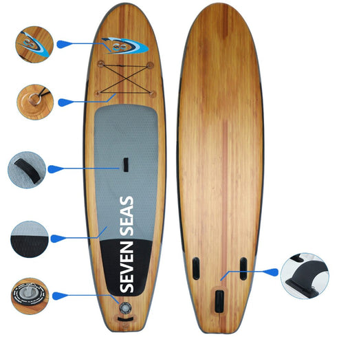 Wooden Inflatable Stand Up Paddle Board, iSUP Package with Paddle, Pump, Leash and Dry Bag