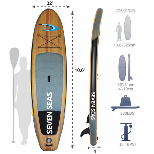 Wooden Inflatable Stand Up Paddle Board, iSUP Package with Paddle, Pump, Leash and Dry Bag