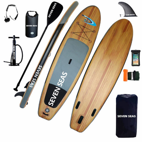 Wooden Inflatable Stand Up Paddle Board, iSUP Package with Paddle, Pump, Leash and Dry Bag