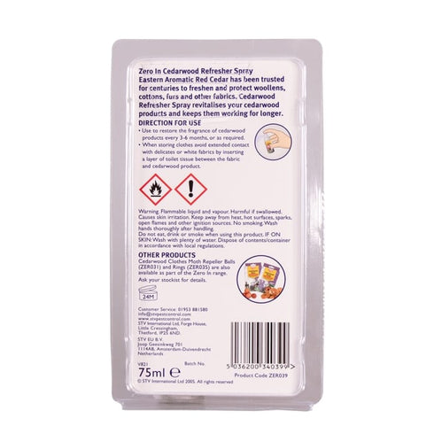 Zero In Cedarwood Refresher Spray 75 ml, Natural Red Cedar Oil to Revive Cedar Moth Protection in Wardrobes