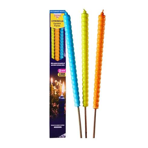 Zero In Citronella Garden Flares Beach Party 3-Pack, Wind Resistant Citronella Flares with 4 Hour Burn