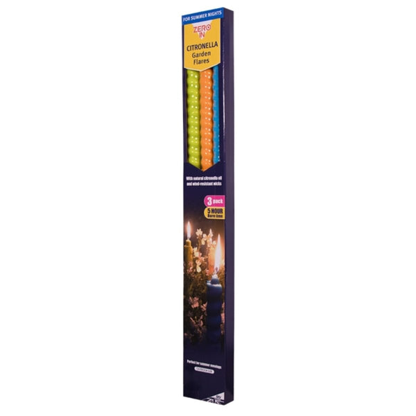 Zero In Citronella Garden Flares Beach Party 3-Pack, Wind Resistant Citronella Flares with 4 Hour Burn
