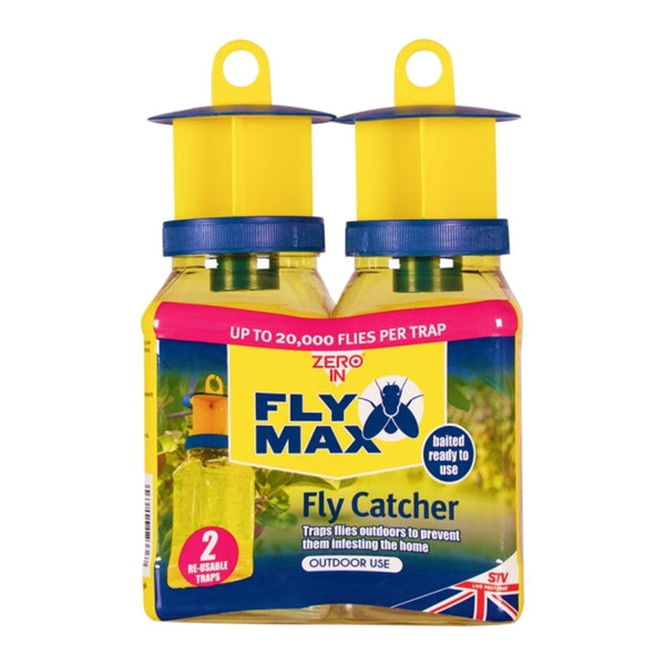 Zero In Fly Max Re-Usable Fly Catcher Twinpack, Baited Outdoor Fly Trap Holding Up to 20,000 Flies Each