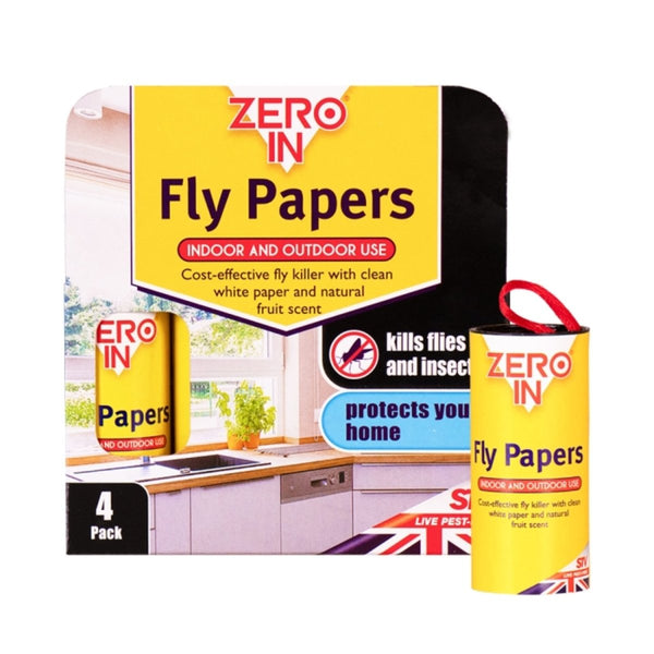 Zero In Fly Papers 4-Pack, Fruit Scented Sticky Fly Paper Strips for Kitchens, Stables and Store Rooms