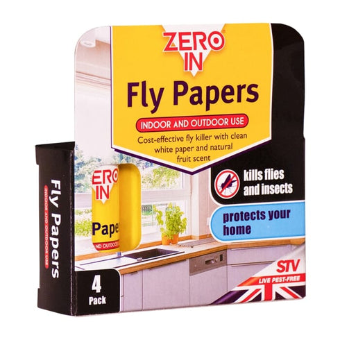 Zero In Fly Papers 4-Pack, Fruit Scented Sticky Fly Paper Strips for Kitchens, Stables and Store Rooms