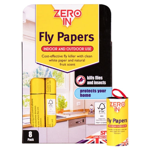 Zero In Fly Papers FSC 8-Pack, Fruit Scented Sticky Fly Paper Strips on Responsibly Sourced Paper