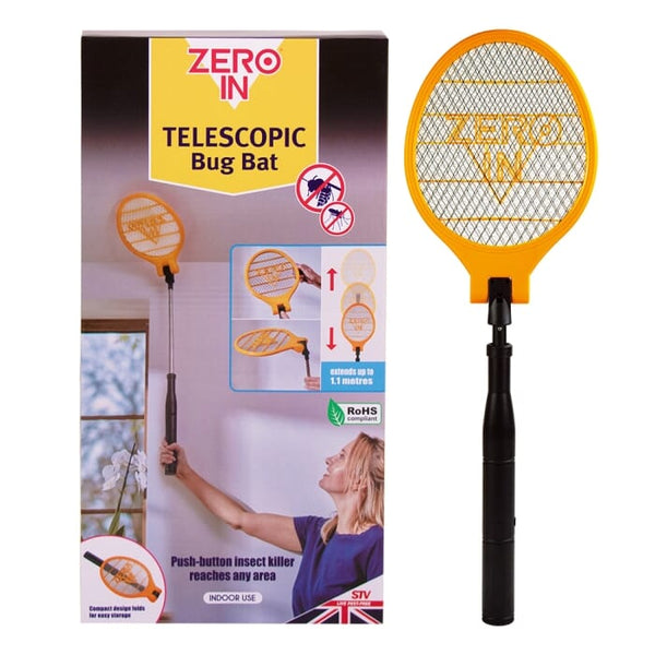 Zero In Telescopic Bug Bat, Electric Fly Swatter Extending to 1.1 m with Adjustable Head for High Ceilings