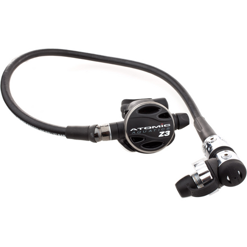 Atomic Aquatics Z3 regulator second stage and hose on white