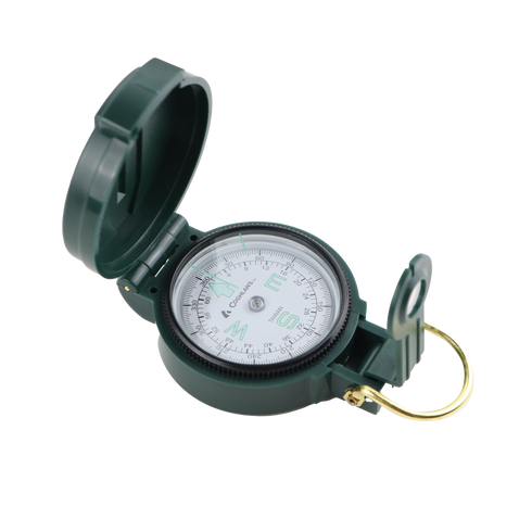 Coghlan's lensatic compass open, dark green, product shot