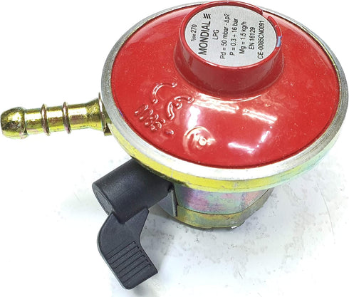Mondial Type 270 LPG gas regulator, red, front view with 50 mbar rating label