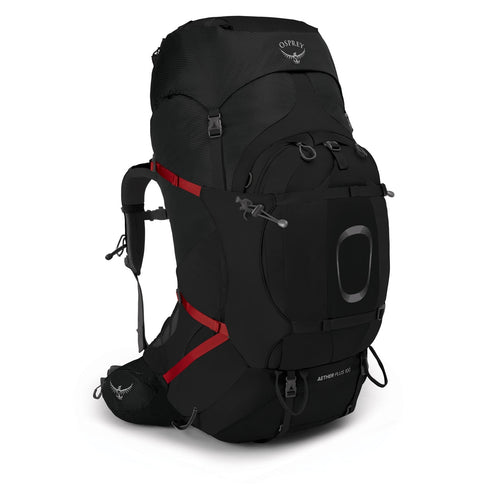 Osprey Aether Plus 100 backpacking pack, S/M, Black, side view
