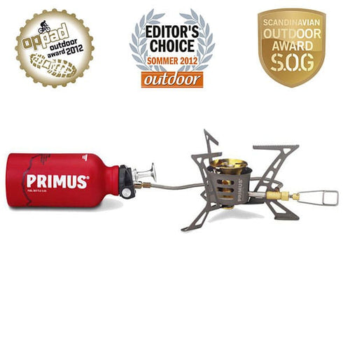 Primus OmniLite Ti multi-fuel stove with fuel bottle and pouch, front view