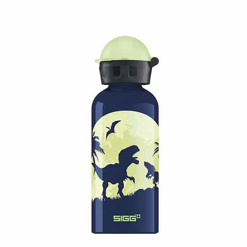 SIGG Kids Glow Moon Dinos 0.4 L aluminium bottle, navy with dinosaur print, front view