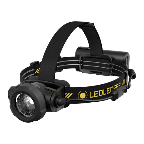 Ledlenser H15R Pro rechargeable headlamp, black/yellow, product shot on white