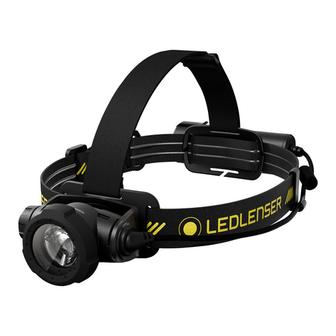 Ledlenser H7R Pro rechargeable headlamp, black/yellow, product shot on white