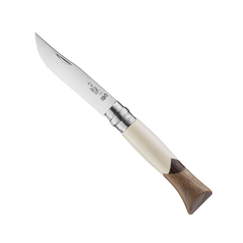 Opinel No.09 Cime folding knife, walnut, ash and maple handle, open on white