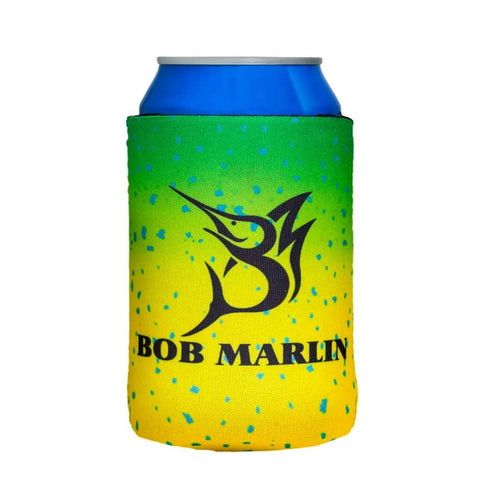 Bob Marlin insulated can coozie or sleeve, shown holding a standard beverage can to keep it cold.