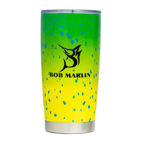 Bob Marlin insulated stainless steel tumbler cup, designed to keep drinks hot or cold.